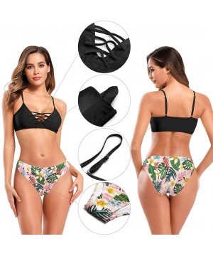 Women's Floral Print Swim Bottom Cutout Spaghetti Strap Halter Top Two Piece Strappy Bikini Swimsuit - Black - D - CD18A9RWMT...