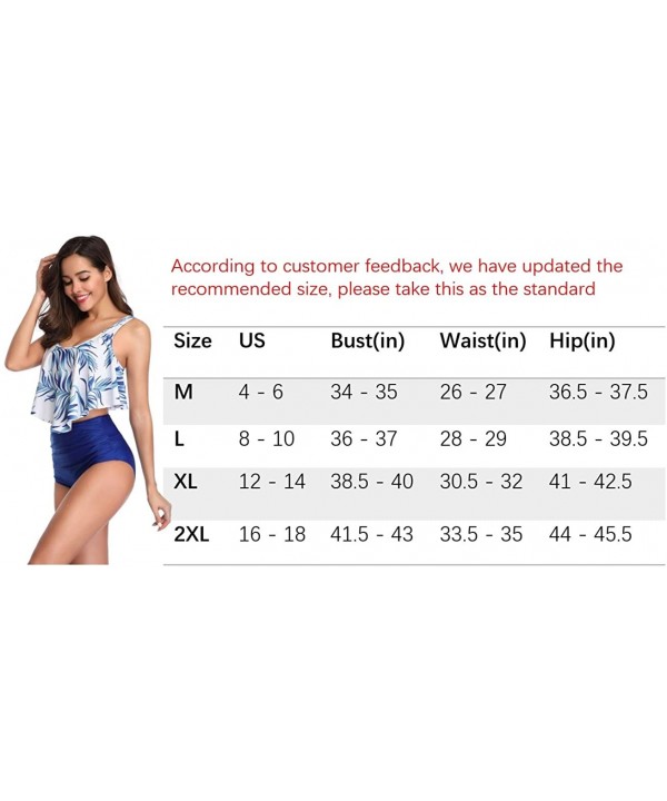 Two Pieces High Waisted Bikini Swimsuit for Women Tummy Control Tankini Ruffled Top with Swim Bottom Bathing Suits - Blue Lea...