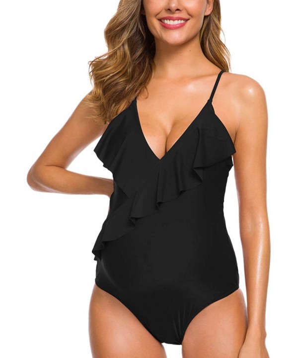 One Piece Maternity Swimsuits Ruffle Flounce Swimwear Falbala Halter Monokini Deep V Neck Bathing Suits - Black - C918WM3NNY3...