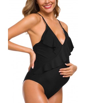 One Piece Maternity Swimsuits Ruffle Flounce Swimwear Falbala Halter Monokini Deep V Neck Bathing Suits - Black - C918WM3NNY3...