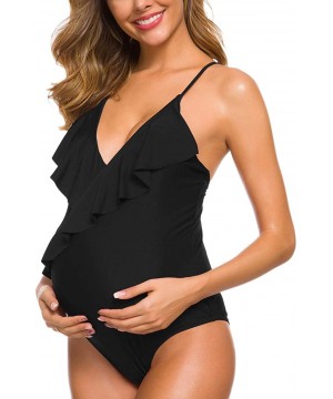 One Piece Maternity Swimsuits Ruffle Flounce Swimwear Falbala Halter Monokini Deep V Neck Bathing Suits - Black - C918WM3NNY3...