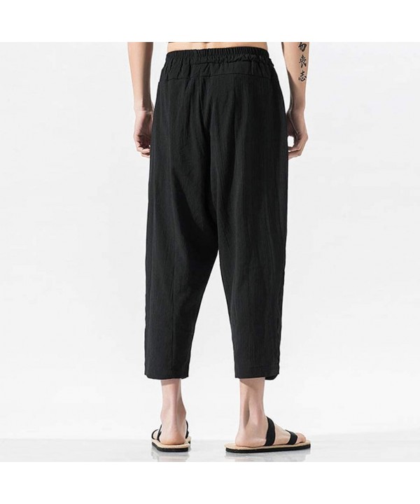 Mens Pants Linen Classic-Fit Pants Elastic Waist Casual Loose 3/4 Trouser with Big Pockets - Black - CF18UZW3Y65 $16.82-Rash ...