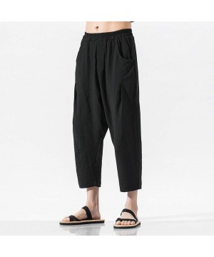 Mens Pants Linen Classic-Fit Pants Elastic Waist Casual Loose 3/4 Trouser with Big Pockets - Black - CF18UZW3Y65 $16.82-Rash ...