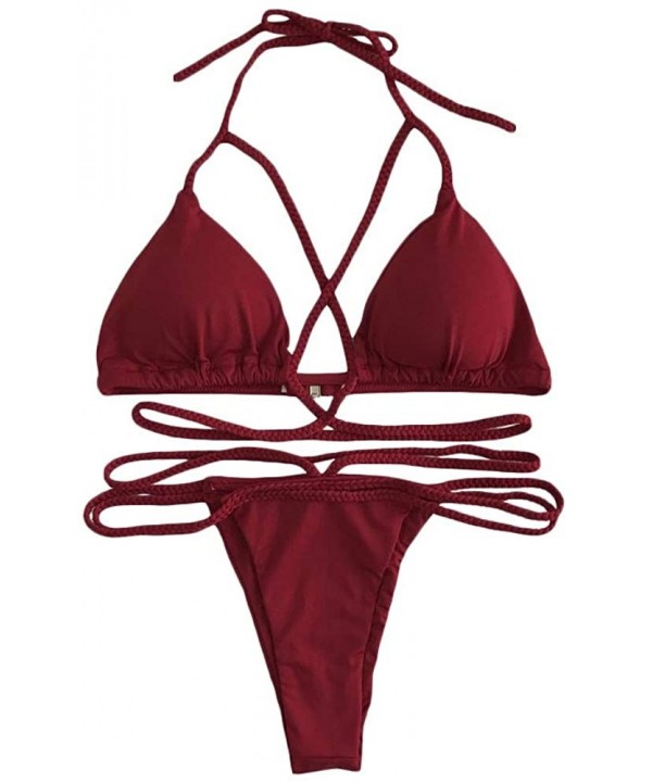 Women Lace-up Buckle Two Pieces Halter Bikini Swimwear - Jujube Red - C418U5Z5NSX $12.16-Sets