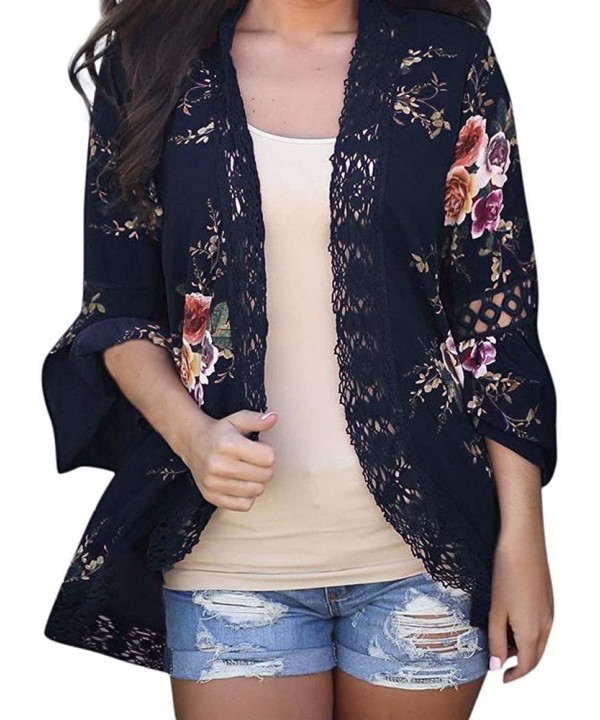 Light Cardigans for Women Summer Women's Ruffle Bell Sleeve Kimono Cardigans Lace Cover Up Loose Blouse Tops Z1 navy - C41958...