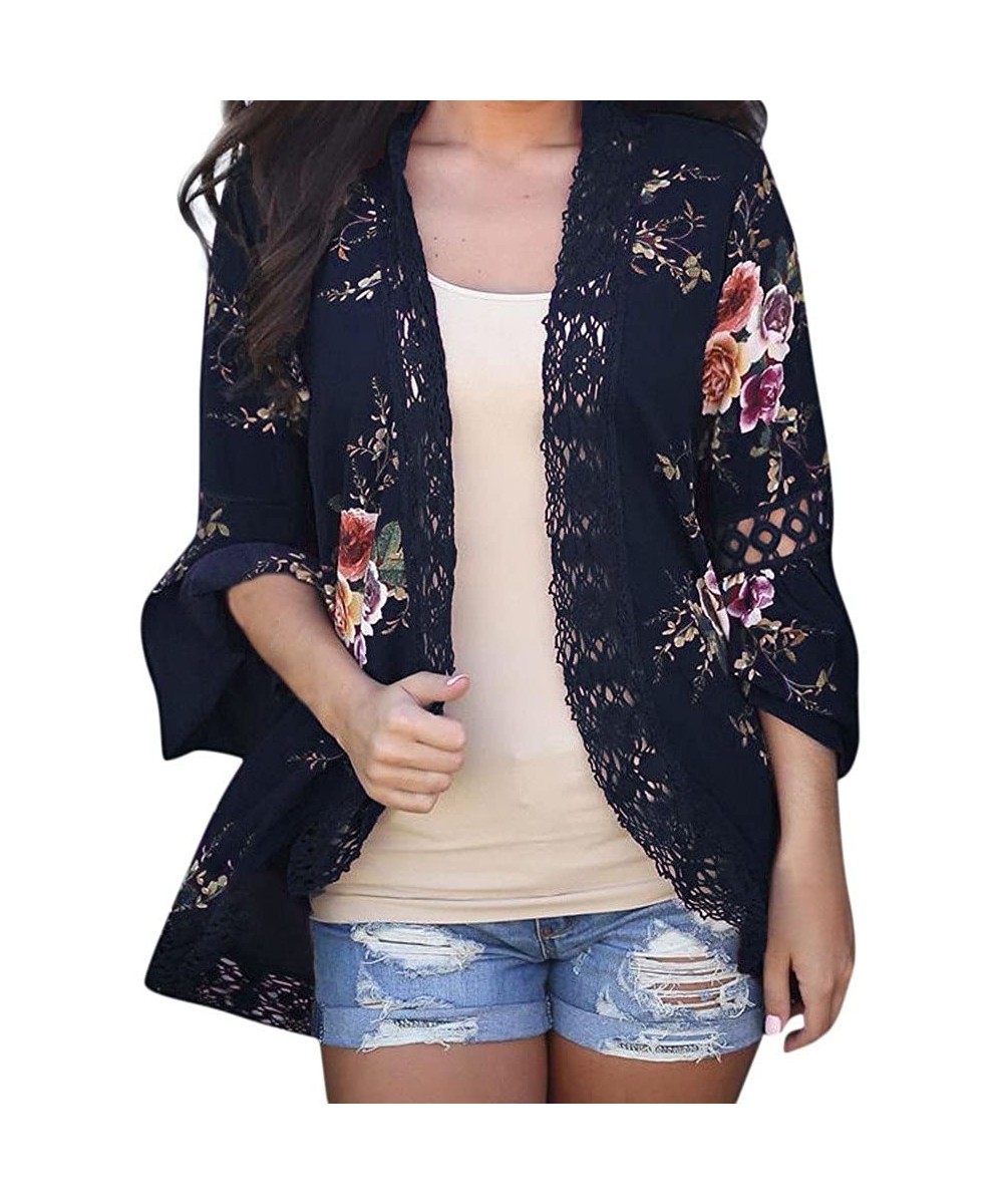 Light Cardigans for Women Summer Women's Ruffle Bell Sleeve Kimono Cardigans Lace Cover Up Loose Blouse Tops Z1 navy - C41958...