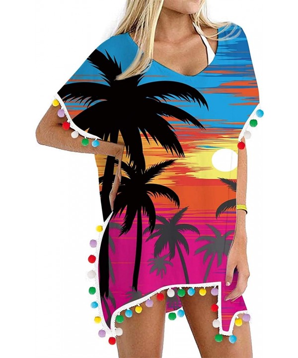 Women's Chiffon Swimsuit Bathing Suit Pom Pom Bikini Cover Up - Tropical 07 - CH190Z9SZEH $19.59-Cover-Ups