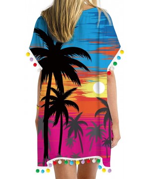 Women's Chiffon Swimsuit Bathing Suit Pom Pom Bikini Cover Up - Tropical 07 - CH190Z9SZEH $19.59-Cover-Ups