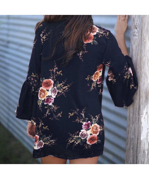 Light Cardigans for Women Summer Women's Ruffle Bell Sleeve Kimono Cardigans Lace Cover Up Loose Blouse Tops Z1 navy - C41958...