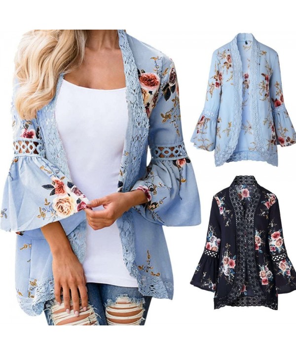 Light Cardigans for Women Summer Women's Ruffle Bell Sleeve Kimono Cardigans Lace Cover Up Loose Blouse Tops Z1 navy - C41958...