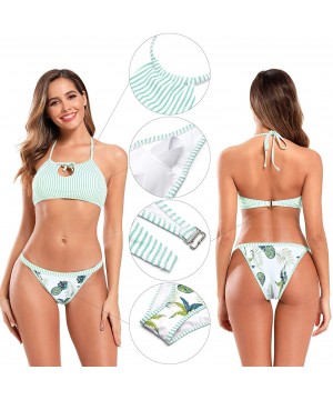 Women's Tropical Floral Printing Tie Side Swim Bottoms Halter Padding Bikini Set Two Piece Swimsuits Stripe Green - CL18AQUN4...