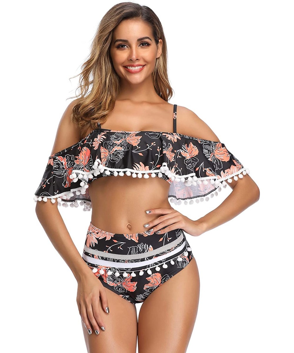 Women Swimsuits Two Pieces Off Shoulder Ruffle Tankini High Waisted Bathing Suits - Black Orange Flower - CC18SU090RW $38.37-...