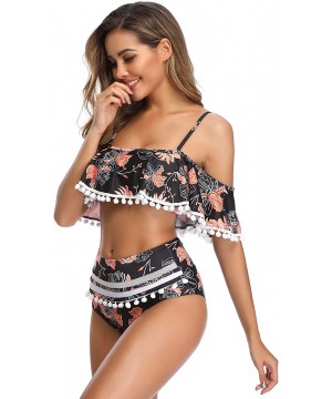 Women Swimsuits Two Pieces Off Shoulder Ruffle Tankini High Waisted Bathing Suits - Black Orange Flower - CC18SU090RW $38.37-...