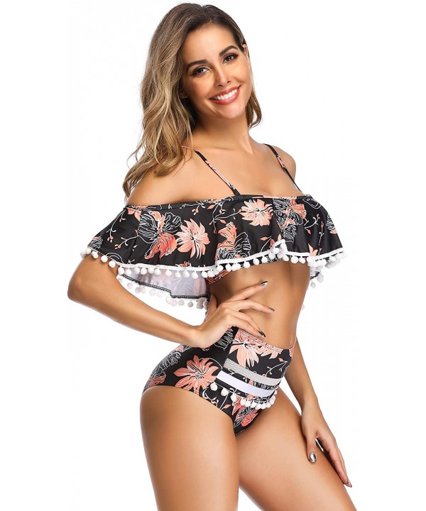 Women Swimsuits Two Pieces Off Shoulder Ruffle Tankini High Waisted Bathing Suits - Black Orange Flower - CC18SU090RW $38.37-...