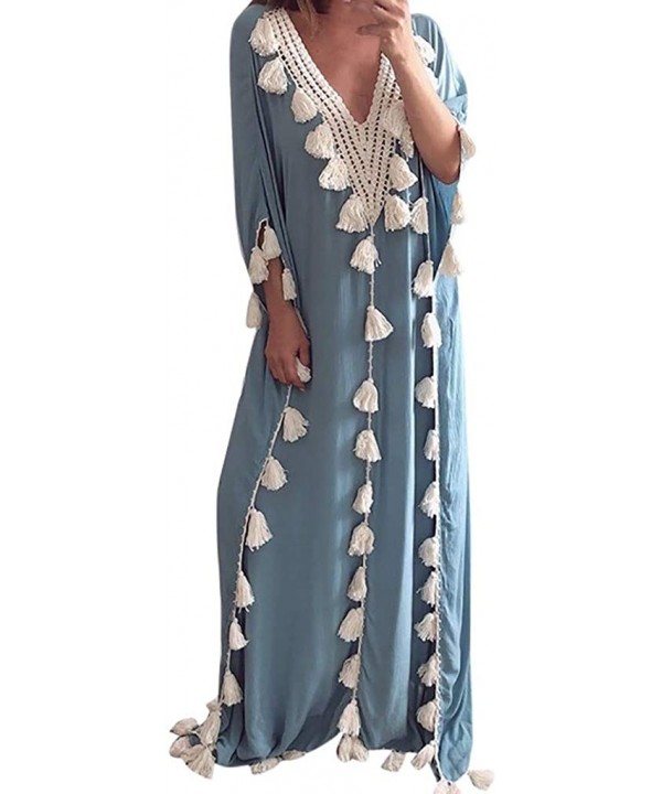 Women's Bohemia Long Summer Beach Maxi Dresses V Neck Ethnic Style Tassel Bikini Kaftan Cover Up - Blue - CH18O0XW0OL $18.25-...