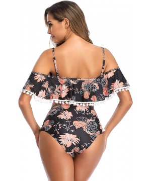 Women Swimsuits Two Pieces Off Shoulder Ruffle Tankini High Waisted Bathing Suits - Black Orange Flower - CC18SU090RW $38.37-...