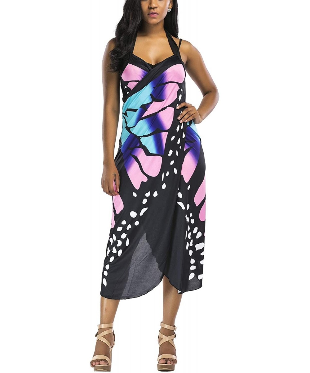 Women's Summer Spaghetti Strap Print Backless Beach Dress Bikini Cover Up Beachwear - Z-blue - CP18Q92WD2N $22.76-Cover-Ups