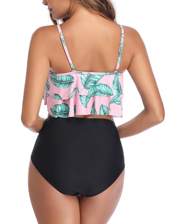 Women Two Piece Ruffle Swimsuits High Waisted Bikini Ruched Swimwear - Pink Leaf - C518WRYSSE8 $26.05-Sets