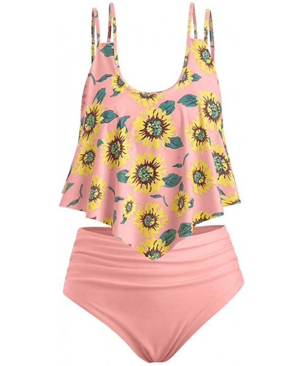 Swimsuits for Women Sunflower Print Two Pieces Bathing Suits Ruffled Racerback Top with High Waisted Bottom D pink - CE18S95N...