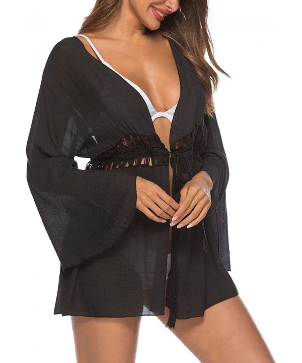 Women's Long Bell Sleeve Drawstring Tassel Crochet Beach Cover Up Cardigan（Black-One Size） - CL18RGAACGQ $14.50-Cover-Ups