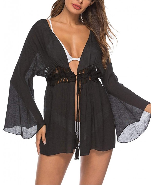 Women's Long Bell Sleeve Drawstring Tassel Crochet Beach Cover Up Cardigan（Black-One Size） - CL18RGAACGQ $14.50-Cover-Ups