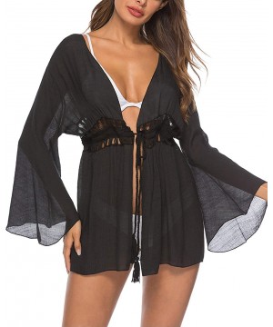 Women's Long Bell Sleeve Drawstring Tassel Crochet Beach Cover Up Cardigan（Black-One Size） - CL18RGAACGQ $14.50-Cover-Ups