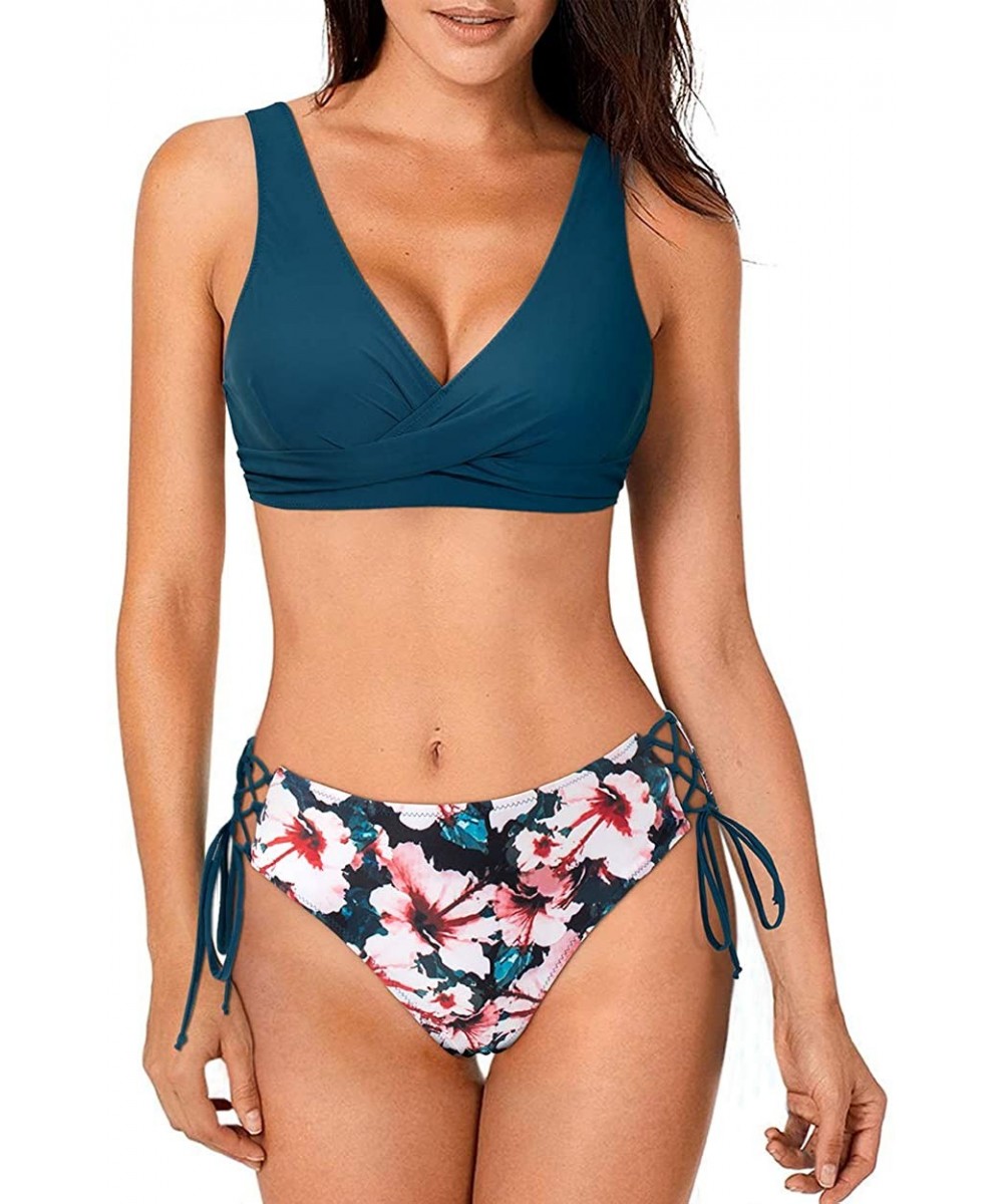 Women Tie Side Push Up Bikini Front Cross Lace Up Two Piece Swimsuit - Blue-floral - CB19C966L67 $20.97-Sets