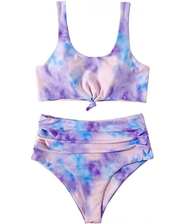 Women Knot Tankini Set Ruched High Waist 2 Piece Cute Swimsuits - 96 Purple Tie Dye - CN19CADYKM2 $22.34-Sets