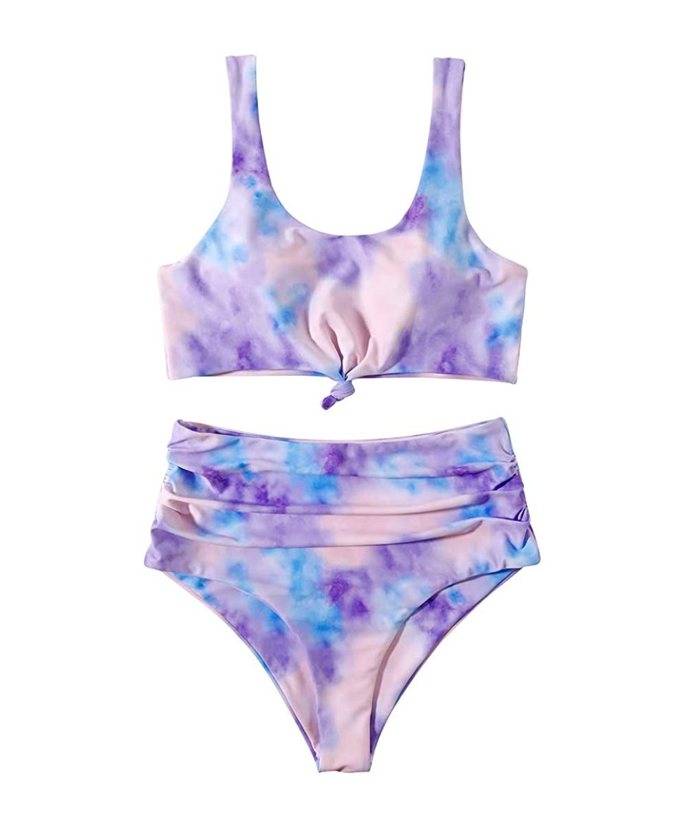 Women Knot Tankini Set Ruched High Waist 2 Piece Cute Swimsuits - 96 Purple Tie Dye - CN19CADYKM2 $22.34-Sets