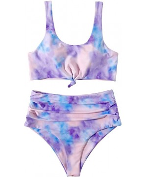 Women Knot Tankini Set Ruched High Waist 2 Piece Cute Swimsuits - 96 Purple Tie Dye - CN19CADYKM2 $22.34-Sets