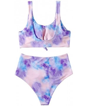 Women Knot Tankini Set Ruched High Waist 2 Piece Cute Swimsuits - 96 Purple Tie Dye - CN19CADYKM2 $22.34-Sets