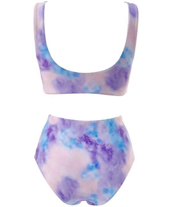 Women Knot Tankini Set Ruched High Waist 2 Piece Cute Swimsuits - 96 Purple Tie Dye - CN19CADYKM2 $22.34-Sets