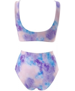 Women Knot Tankini Set Ruched High Waist 2 Piece Cute Swimsuits - 96 Purple Tie Dye - CN19CADYKM2 $22.34-Sets