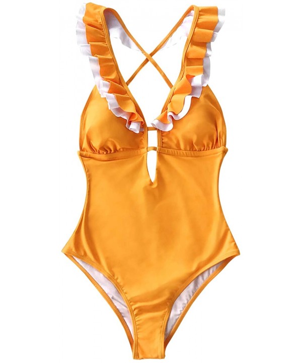 Women's Falbala One Piece Swimsuit Deep V Neck Monokini Swimsuit - Golden - C4194MM8IS5 $38.04-One-Pieces