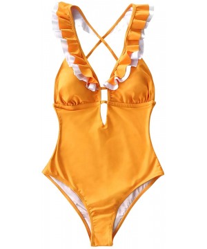 Women's Falbala One Piece Swimsuit Deep V Neck Monokini Swimsuit - Golden - C4194MM8IS5 $38.04-One-Pieces