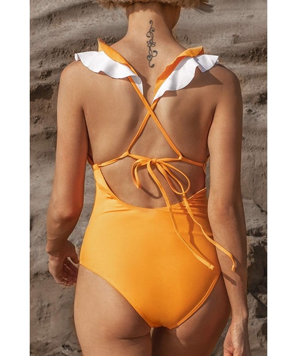 Women's Falbala One Piece Swimsuit Deep V Neck Monokini Swimsuit - Golden - C4194MM8IS5 $38.04-One-Pieces