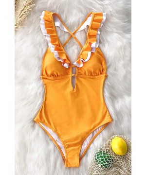 Women's Falbala One Piece Swimsuit Deep V Neck Monokini Swimsuit - Golden - C4194MM8IS5 $38.04-One-Pieces