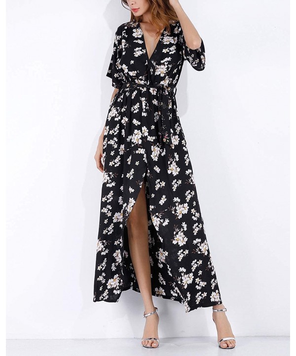 Maxi Wrap Dress for Women Floral Short Sleeve Maxi Dress Boho Dress with Slit Sexy V Neck Long Dress - Floral_g - CN196GUTDSM...