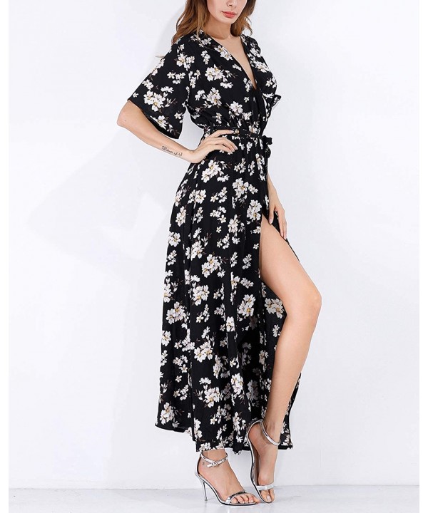 Maxi Wrap Dress for Women Floral Short Sleeve Maxi Dress Boho Dress with Slit Sexy V Neck Long Dress - Floral_g - CN196GUTDSM...