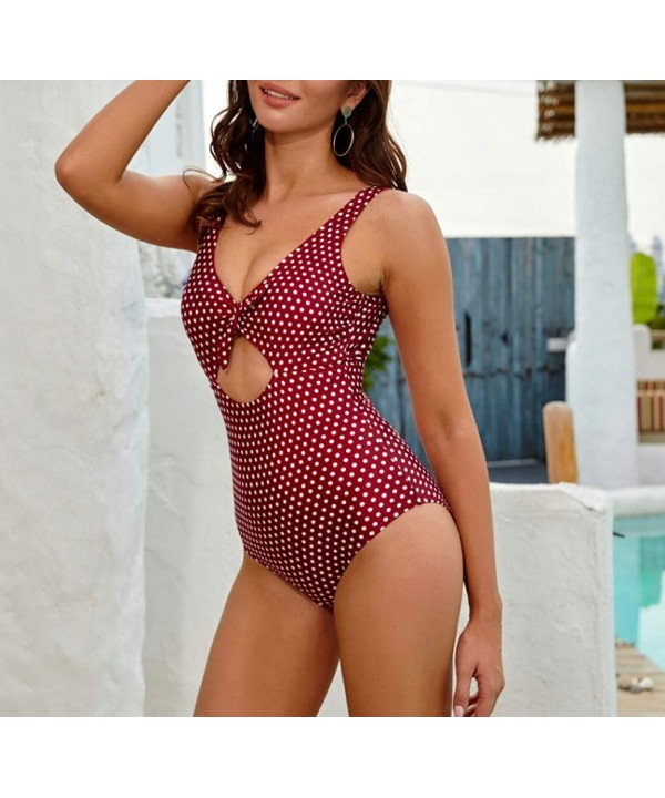 Women's Tie Knot Front One Piece Swimsuit Cutout High Waist for Tummy Control Monokini Swimwear - Red - C61930O3DHS $8.40-One...