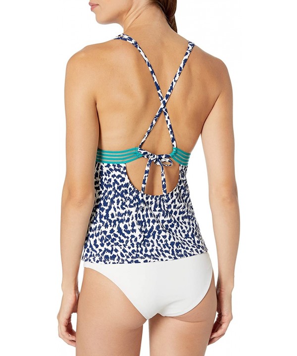 Women's Halter Tankini Swim Top - Navy Print - CI18ZRK23IA $42.16-Tops