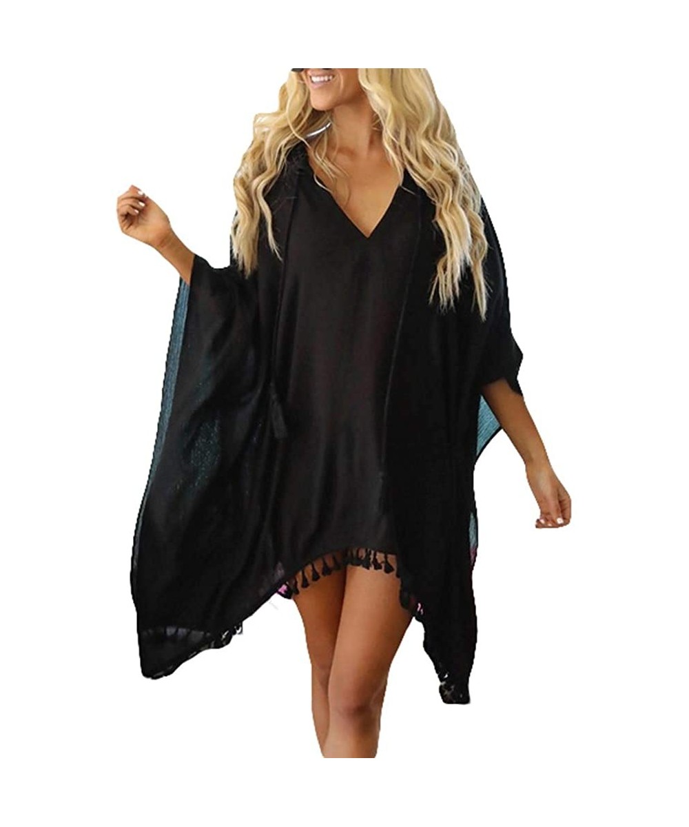 Women Tassel Swimsuit Bikini Stylish Beach Cover up Summer Beachwear Loose Blouse Beach Dress - Black - CX194WXXH9N $13.77-Co...