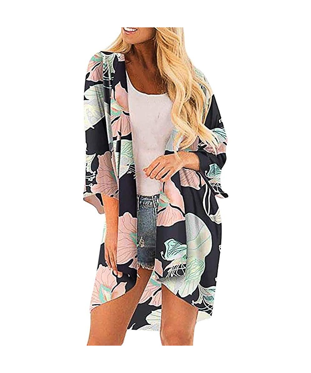 Kimono Cardigans for Women Summer Beach Floral Chiffon Long Bikini Cover-up Tops - Multicolor - CA18UC2NAS4 $16.88-Cover-Ups