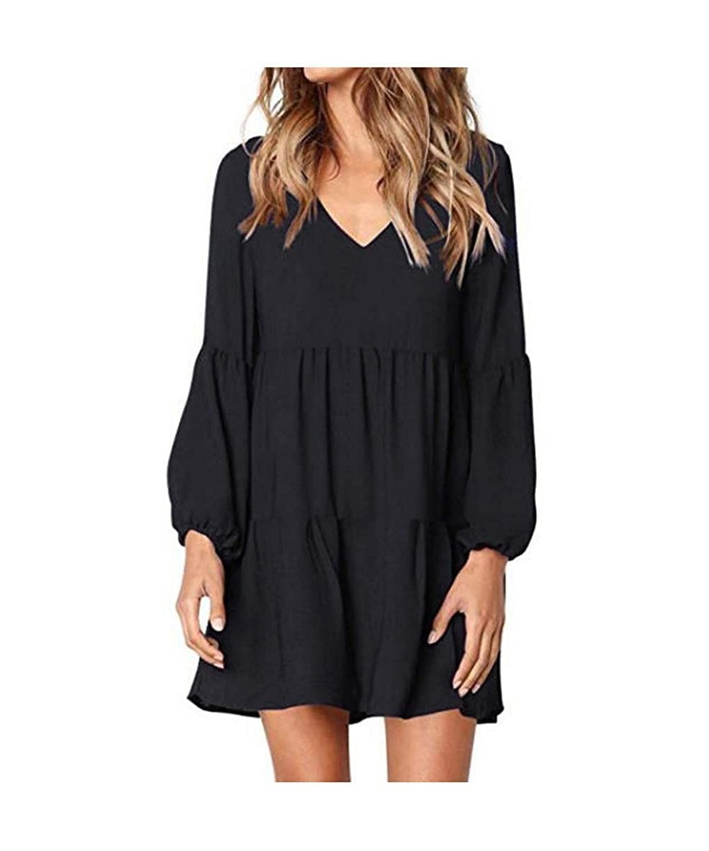 Dresses for Women Casual Fall-Women Summer Tunic Dress V Neck 3/4 Sleeve Casual Loose Flowy Swing Shift Dresses - Z3-black - ...