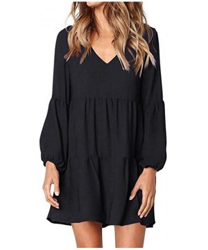 Dresses for Women Casual Fall-Women Summer Tunic Dress V Neck 3/4 Sleeve Casual Loose Flowy Swing Shift Dresses - Z3-black - ...