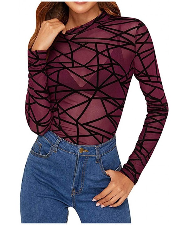 See Through Tops for Women- Women's Long Sleeves Slim Fit See-Through Mesh Top High Neck Clubwear - Wine - CZ195WMUTKK $12.00...