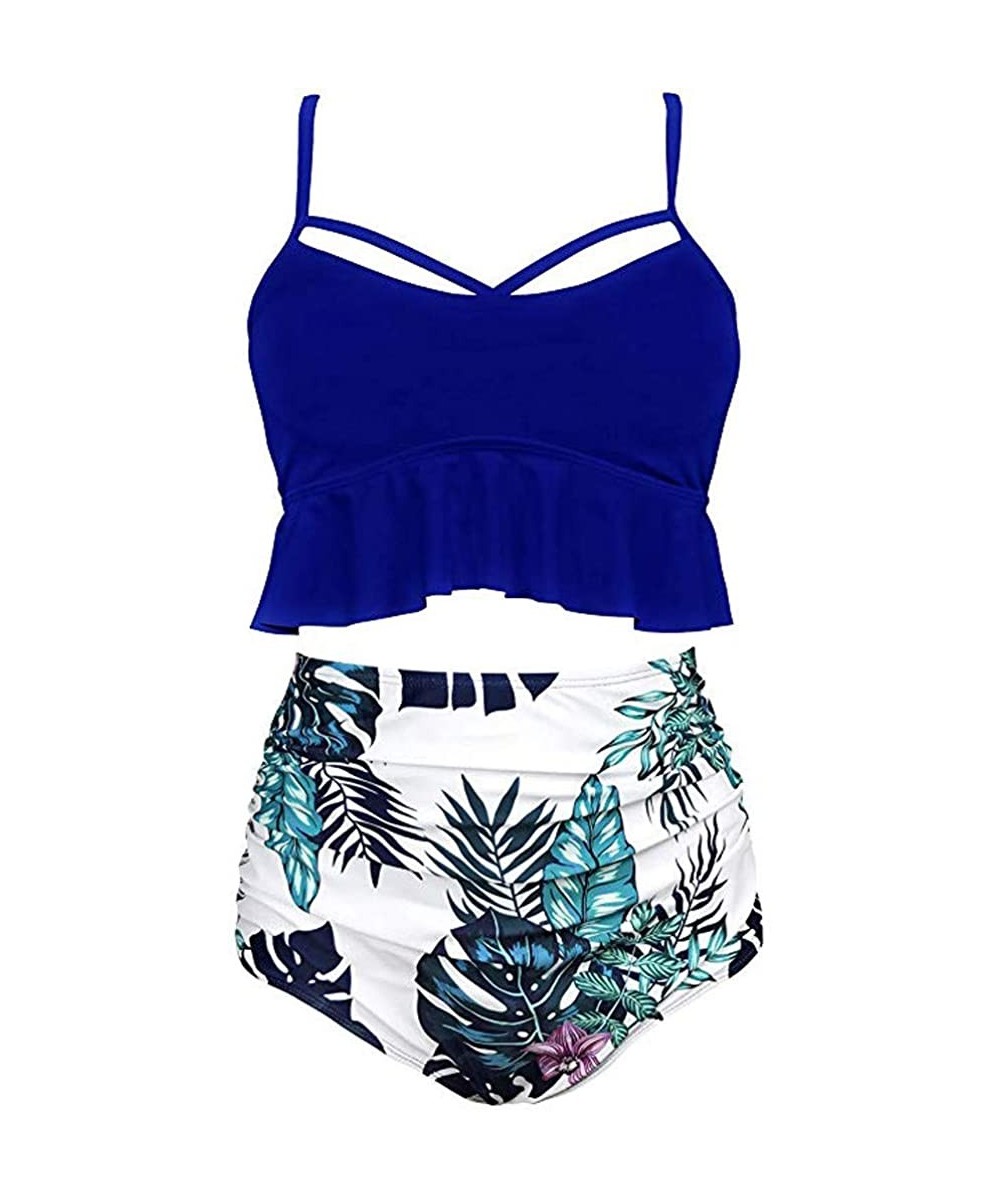 Women Floral Print High Waisted Swimsuits Tummy Control Two Piece Tankini with Push Up(S-5XL)(FBA) - Dark Blue - CA18TRQ6ZEC ...