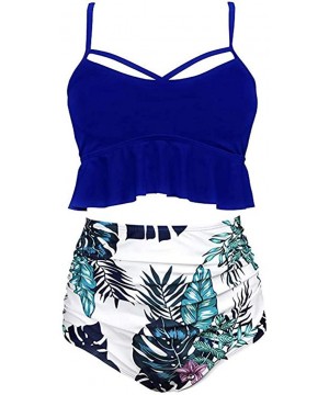 Women Floral Print High Waisted Swimsuits Tummy Control Two Piece Tankini with Push Up(S-5XL)(FBA) - Dark Blue - CA18TRQ6ZEC ...