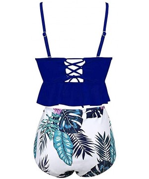 Women Floral Print High Waisted Swimsuits Tummy Control Two Piece Tankini with Push Up(S-5XL)(FBA) - Dark Blue - CA18TRQ6ZEC ...