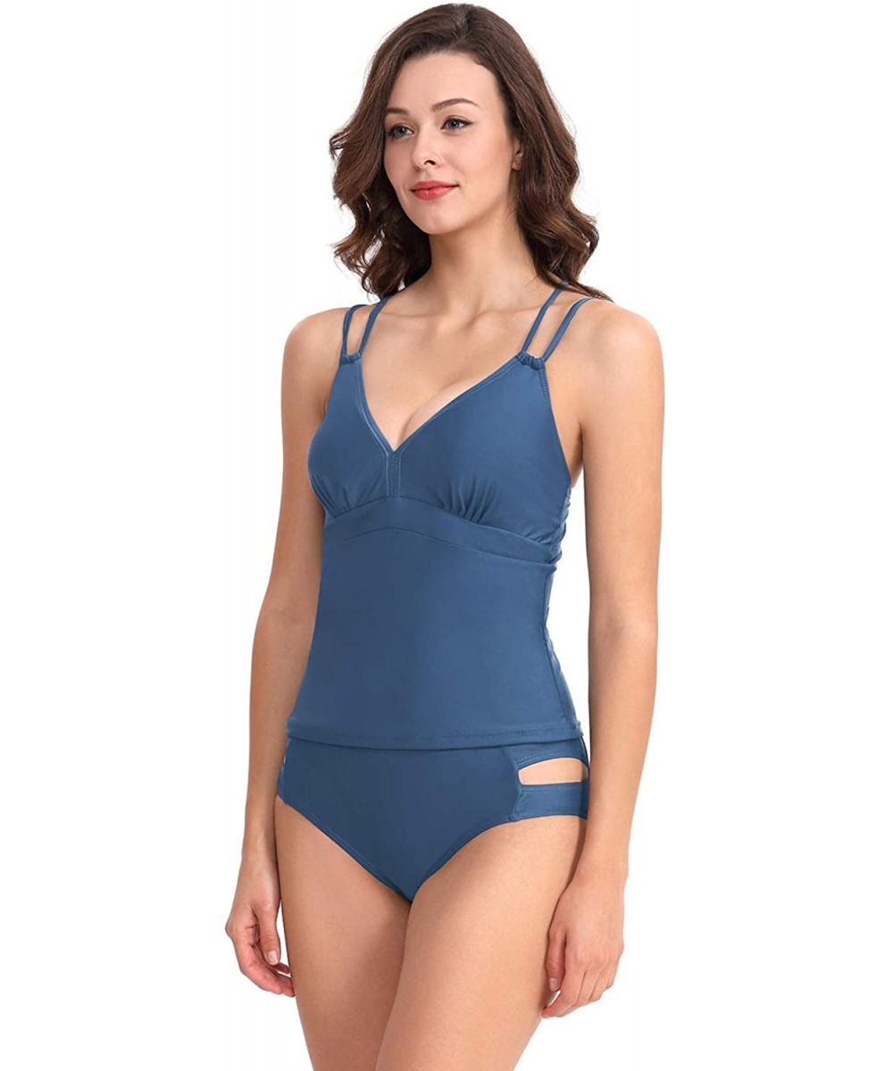 Women's Two Piece Swimsuit V Neck Cross Back Padded Halter Top Tankini Suits - Blue - CU18R8ACN0L $15.36-Sets